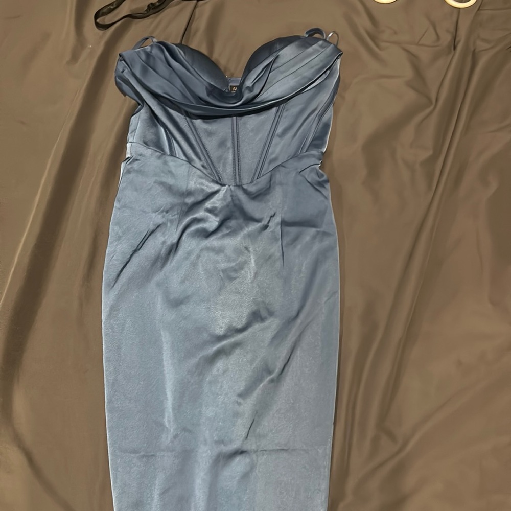 satin blue dress, never worn to small.